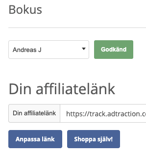 Exempel på hur det ser ut när du är godkänd hos en annonsör (i detta fallet Bokus). Här kan du även generera ut en affiliate-länk för en produkt du vill erbjuda.